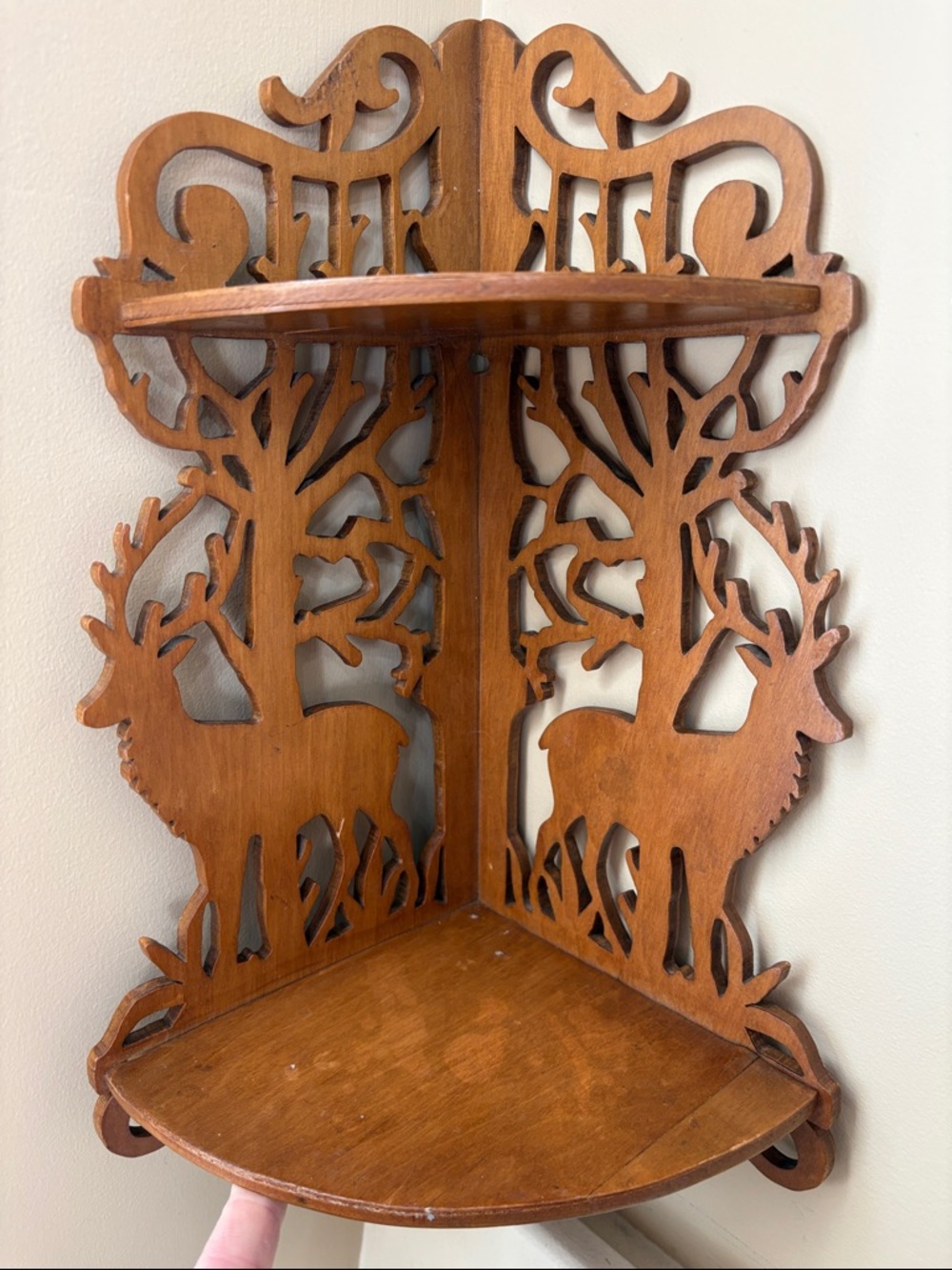 Wood Carved Deer Corner Shelf - Brown Rustic Wall Decor